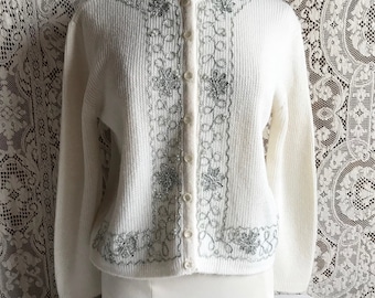 Vintage 1970s White Cardigan Sweater with Silver Embroidery