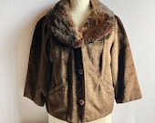 Vintage 1950s 1960s Brown Faux Fur Boxy Jacket with Fur Collar