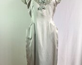 Vintage 1950s Icy Blue Silk Satin Cocktail Wiggle Dress with Pockets