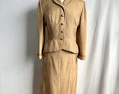 Vintage 1950s Adele California Woman's Tan Nipped Waist Pencil Skirt Suit