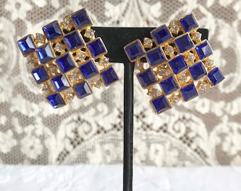 Vintage Blue & Rhinestone Gold Tone Checkerboard Design Clip Earrings