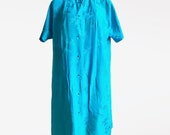 Vintage 1950s 1960s Asian Turquoise Silk Short Sleeve Robe Housecoat As Is