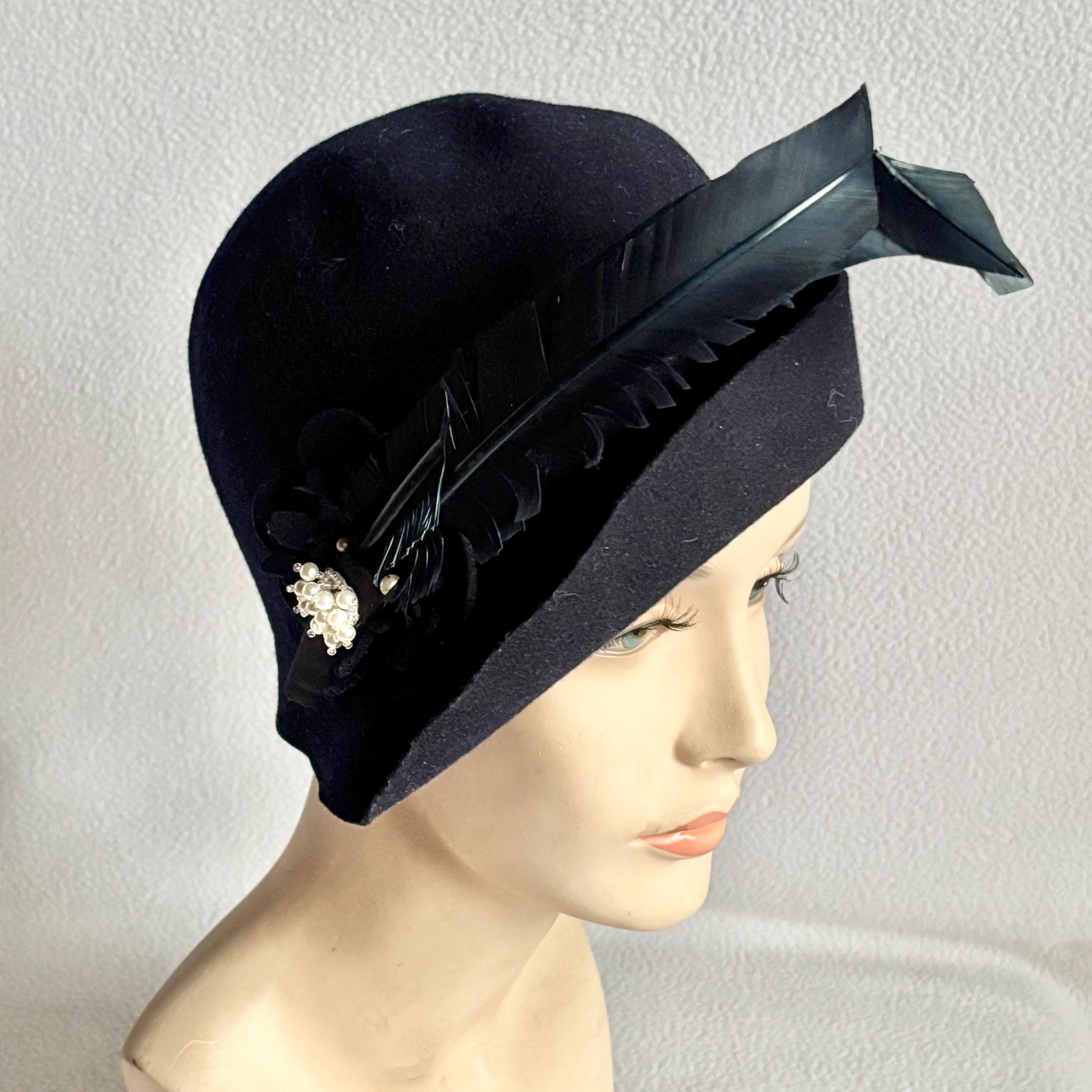 Vintage 1930\'s Black Gothic Style 100% Wool Cloche Hat with Feathers Henry Pollak Hat Vintage 1930s 1940s Antique Feather Cloche  main image 2