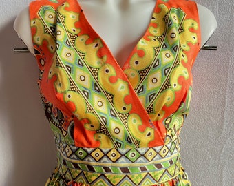 Vintage 1970s Orange Mod Print Sleeveless Maxi Dress