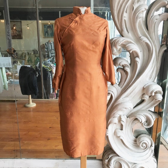 Vintage 1950s Copper Color Cheongsam Asian Dress