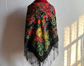 Vintage Large East European Floral Paisley Wool Challis Fringed Shawl Scarf