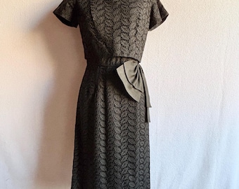 Vintage 1960s Black Cotton Eyelet Wiggle Dress with Bow
