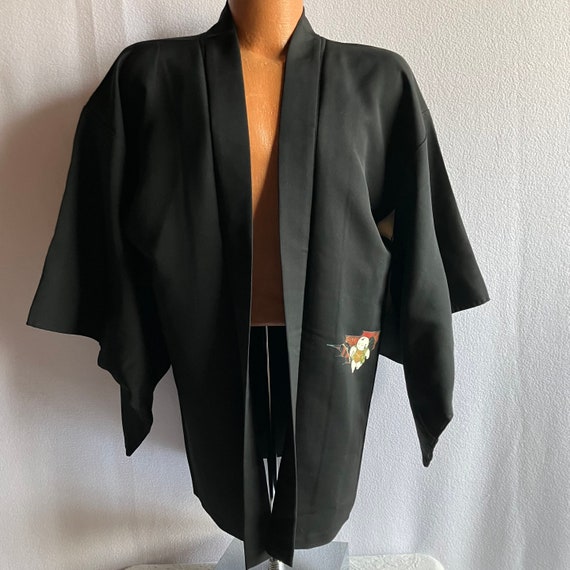 Vintage Black Silk Japanese Hip Length Kimono Gos… - image 2