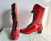 Vintage Polish Red Leather Lace Up Folk Dance Boots Size 11