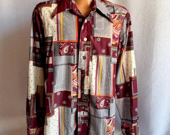 Vintage 1970s Burgundy Print Dagger Collar Long Sleeve Shirt