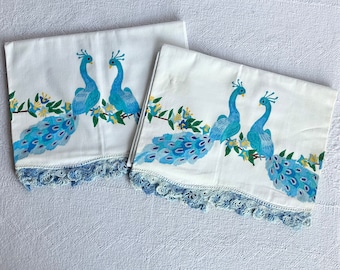 2 Vintage Hand Painted Peacock Pillowcases