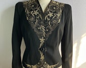 Vintage 1940s Higbee Black Wool Gold Embroidery Nipped Waist Blazer Jacket