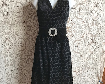 Vintage 1970 Black Velvet Sleeveless Party Dress with Rhinestone Belt