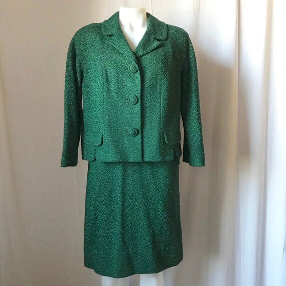 Vintage 1950s 1960s Green Nubby Wool Boxy Suit