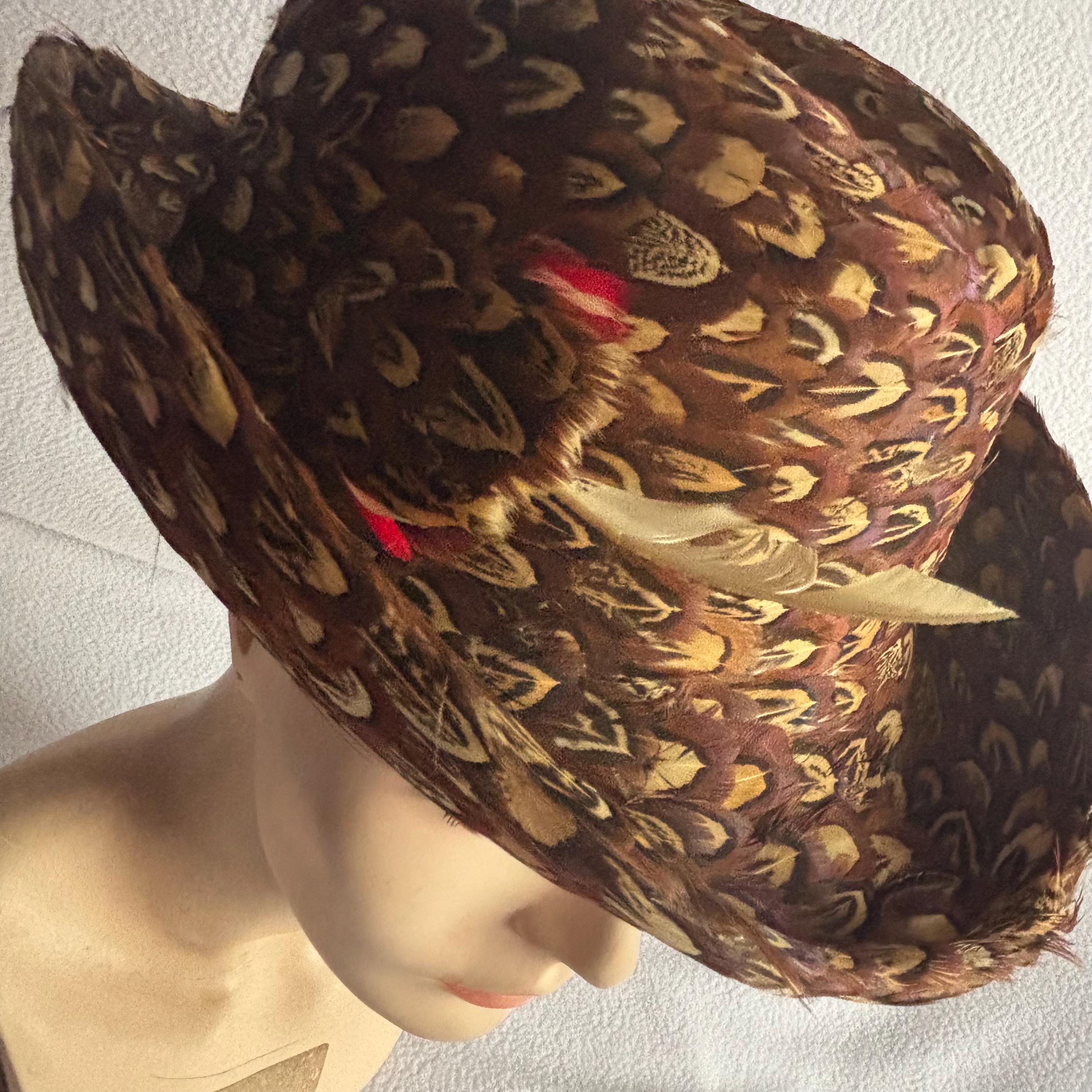 Pheasant Feather Homburg Style Hat Styled by Jack McConnell Red Feather Vintage Pheasant Feather Homburg Style Hat Styled by Jack  main image 4