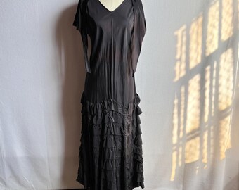 Vintage 1920s 1930s Black Taffeta Ruffled Evening Gown with Self Cape AS IS