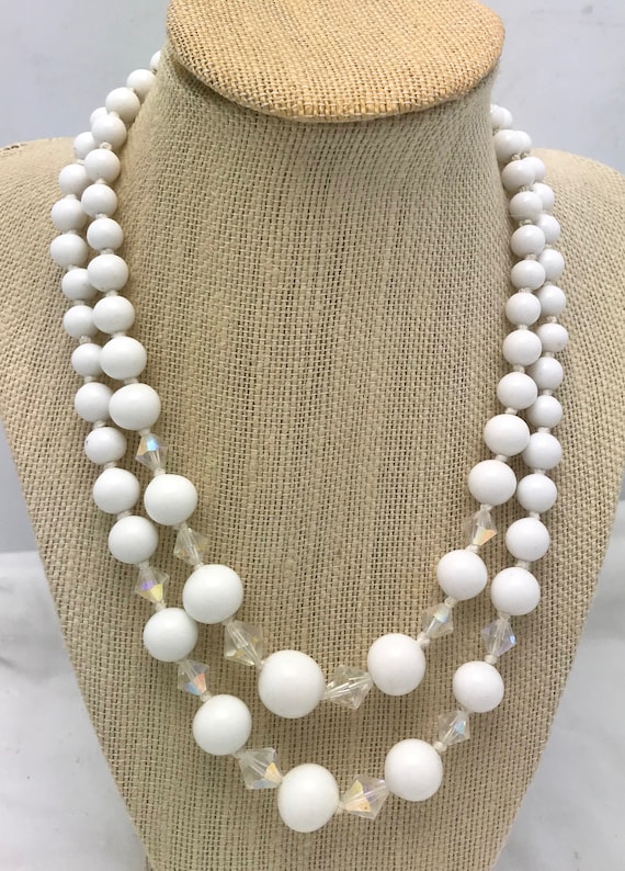 Vintage 1960s 2-Strand White & Clear Bead Necklace