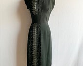 Vintage 1950s Georgia Wells Black Linen Beaded Wiggle Dress LBD