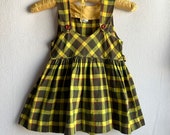 Vintage 1950s Yellow & Brown Plaid Full Skirt Jumper Dress Size 3