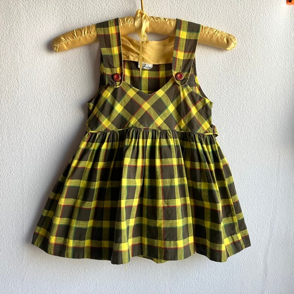 Vintage 1950s Yellow & Brown Plaid Full Skirt Jumper Dress Size 3