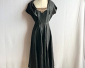 Vintage 1950s Black Rayon Taffeta Fit & Flare Dress