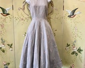 Vintage 1950s Gray Linen Sleeveless Fit & Flare Full Skirt Dress 32 Bust