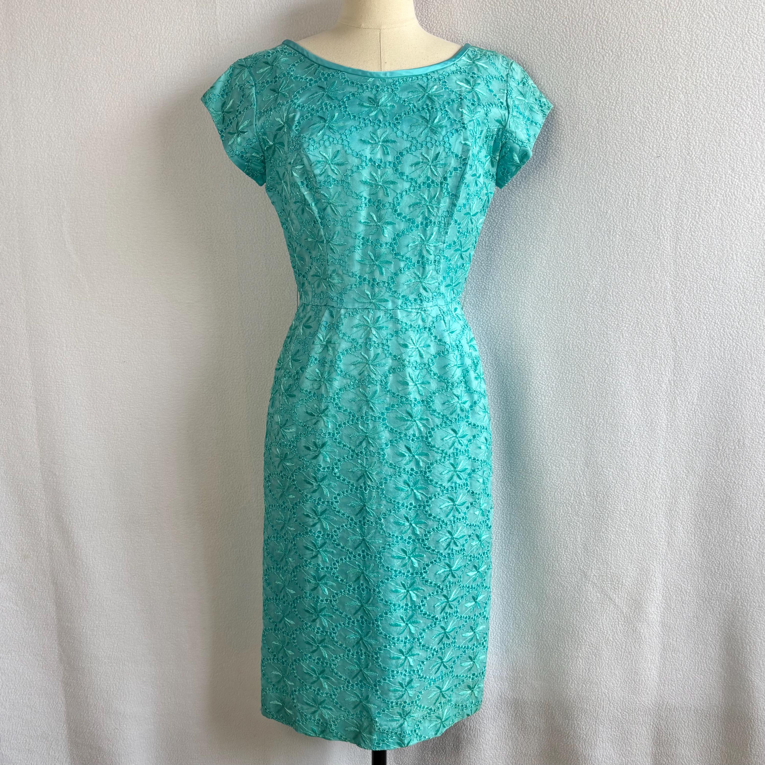 Vintage 1950s 1960s Turquoise Eyelet Sheath Dress