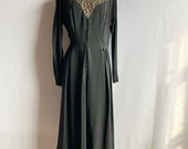 Vintage 1930s Black Rayon Crepe Illusion Neckline Button Dress