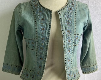 Vintage 1990s Tantrums Beaded Embroidered Open Front Jeans Jacket