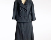 Vintage 1950s 1960s Black Wool Boxy Jacket Suit 40 Bust 27 Waist
