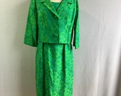 Vintage 1950s 1960s Green Brocade Wiggle Dress & Boxy Jacket Set