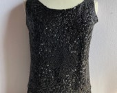 Vintage 1960s Black Beaded Sequined Shell Top 38 Bust