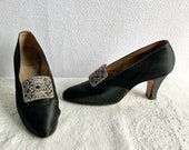 Vintage 1920s Black Satin Buckle Pumps Shoes Heels 5.5