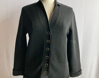 Vintage 1950s Black Wool Ribbed Knit Cardigan Sweater