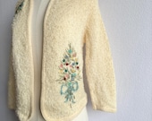 Vintage 1960s Cream Knit Embroidered Beaded Cardigan Sweater