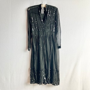 Vintage 1970s Judith Ann for Heiser-Egan Black Silk Chiffon Sequined Dress