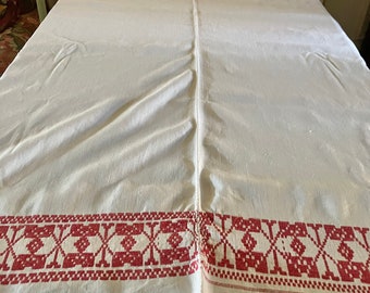 Vintage Homespun Linen Hand Woven Reversible Red & White Tablecloth or Bed Covering