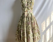 Vintage 1950s Fit & Flare Cotton Floral Print Halter Dress