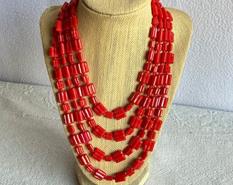 Vintage 4-Strand Red Plastic Beaded Necklace