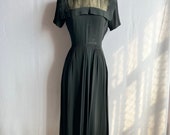 Vintage 1940s R&K Originals Black Rayon Illusion Bodice Flared Skirt Dress Small