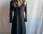 Vintage 1930s Black Wool & Fur Collar Nipped Waist Coat S/M