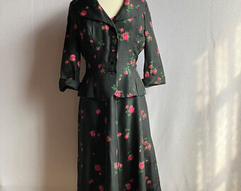 Vintage 1950s Richard Cole Floral Silk Dress & Peplum Jacket