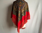 Vintage 1970s Large Polish Red Wool Paisley Fringed Shawl Scarf