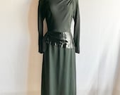 Vintage 1940s Carlye Black Rayon Crepe & Satin Hip Interest Dress with Pocket