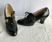Vintage 1920s Black Leather Oxford Pumps Shoes Heels 5.5