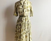 Vintage 1960s Asian Print Short Sleeve Cotton Shirtwaist Dress As Is