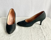 Vintage 1950s 1960s Pacelle Saks 5th Avenue Black Cloth Pumps 8AA Narrow