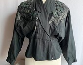 Vintage 1980s Domallo Black Cotton & Leather Big Shoulder Peplum Jacket M/L