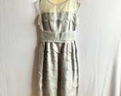 Vintage 1950s 1960s Blue Gray Scalloped Cocktail Dress with Back Train M