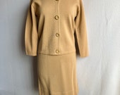 Vintage 1960s Tan Wool Knit Boxy Jacket Slim Skirt Suit